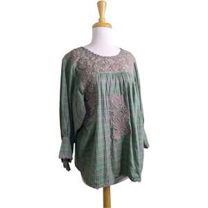 Sister Mary Embroidered Plaid Boho Peasant Top XS Green Floral Tassel Keyhole